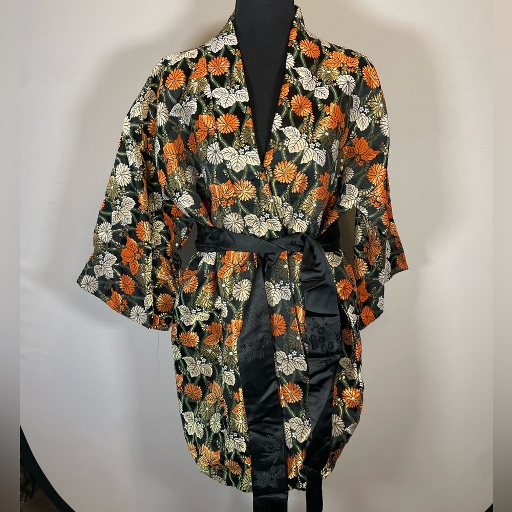 Vintage 1970s Orange and Black Floral reversible Kimono Smoking Jacket Handmade